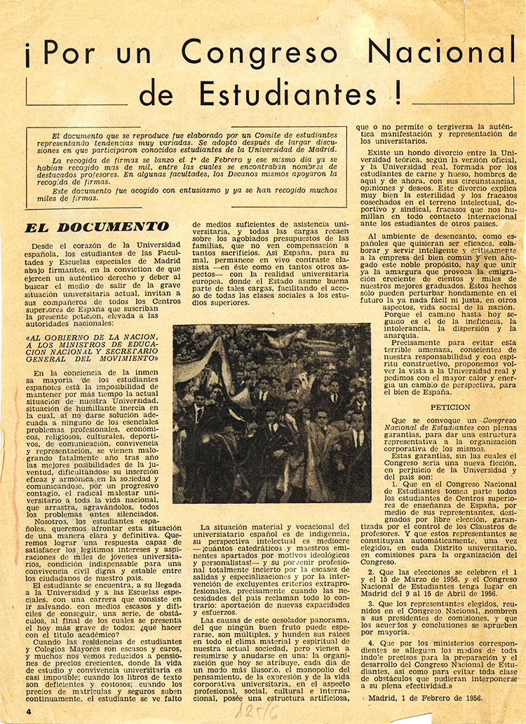 -“Por un Congreso Nacional de Estudiantes”. Madrid, 1 de febrero de 1956.